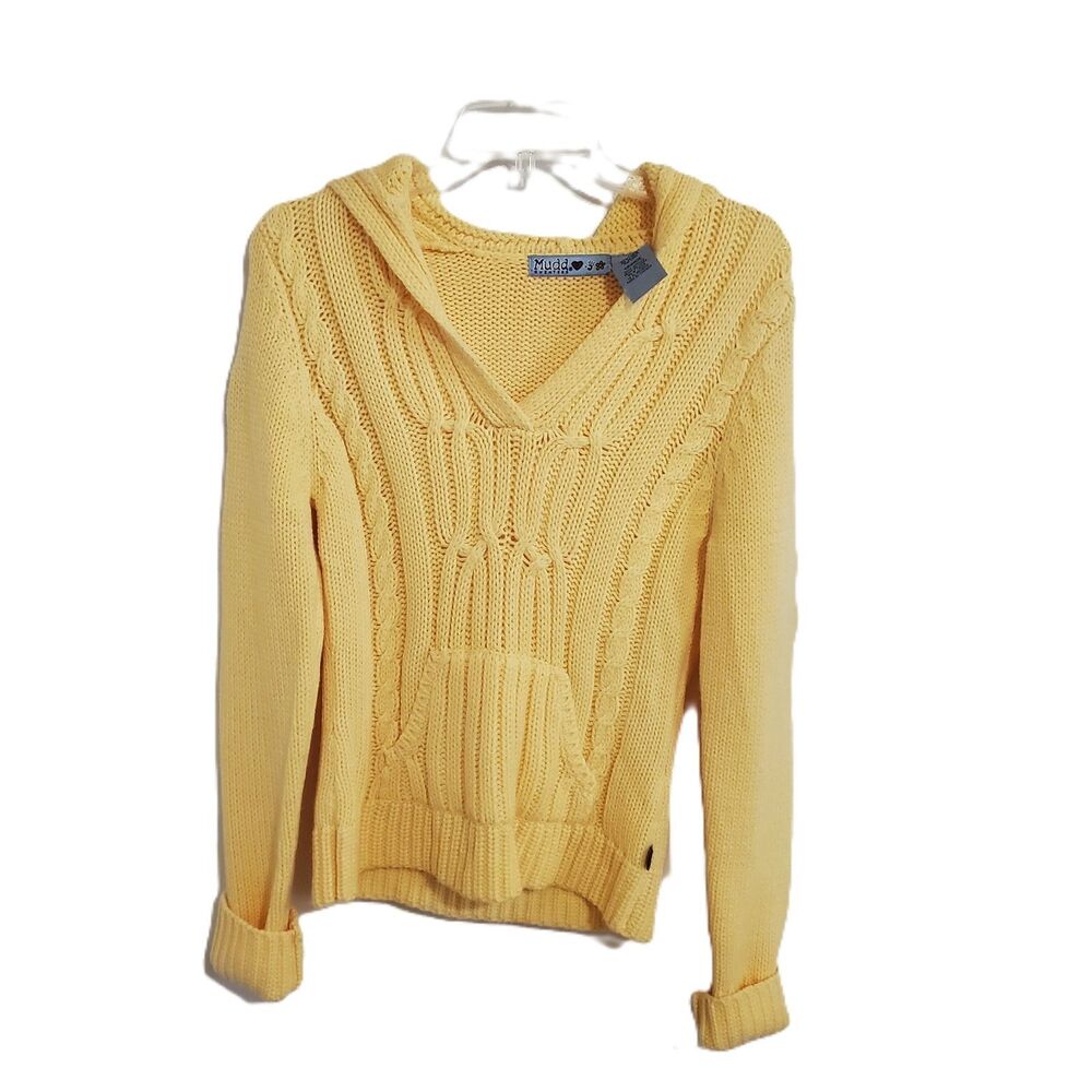 Mudd Chunky Cable Knit Sweater Hoodie Golden Yellow Size L Y2K Boho Cottagecore